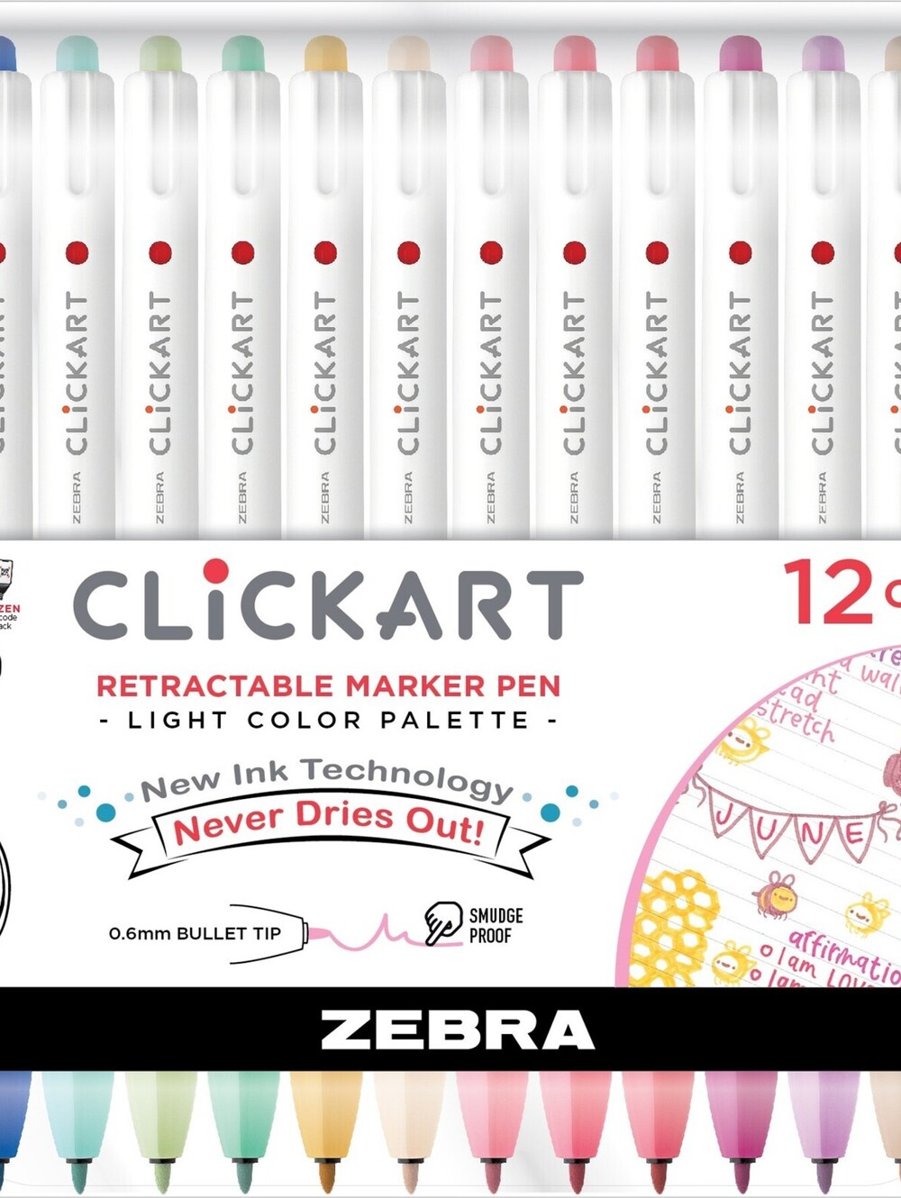 NEW Zebra ClickArt Retractable Bullet Point Marker Pens 12/Pkg-Light